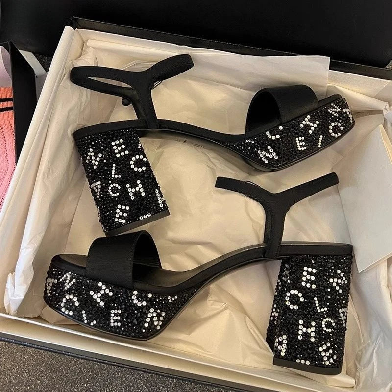 Women's Sequin Rhinestone Crystal High-Heel Pumps – Bling Wedding & Party Square-Heel Dress Shoes