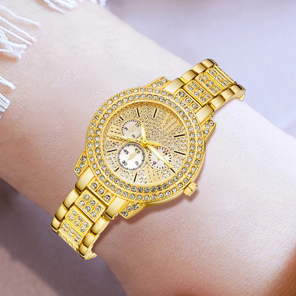 Women's Gold Quartz Watch & Rhinestone Jewelry Set - Ring, Necklace, Earrings