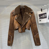PREPOMP Turn-Down Collar Faux Fur PU Leather Jacket for Women, Zipper Sleeve Cuffs Streetwear Winter Coat