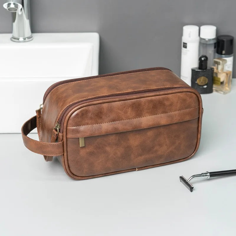 Men's PU Leather Toiletry Bag - Waterproof Travel Dopp Kit with Zipper, Portable Business Clutch
