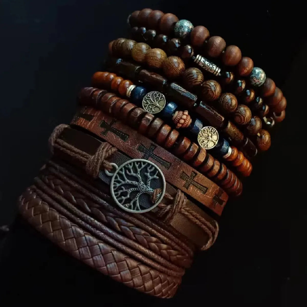 10-Pack Khaki & Black Woven Leather Wrap Bracelets - Handmade Adjustable Unisex