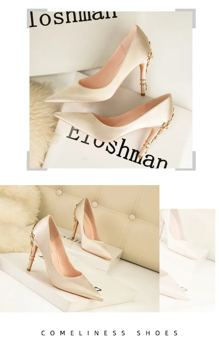 Women's Satin Pointed-Toe Stiletto Pumps with Metal Flower Detail — High Heel Wedding Shoes