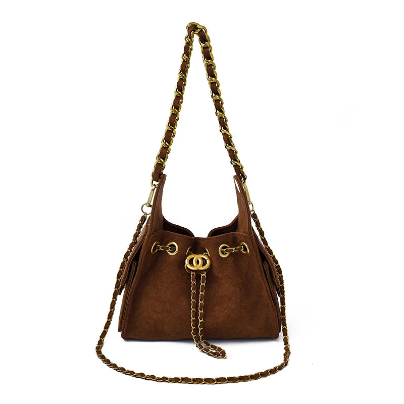 Biker Rhombus Chain Bucket Bag - Retro Faux Suede Crossbody Shoulder Bag for Women