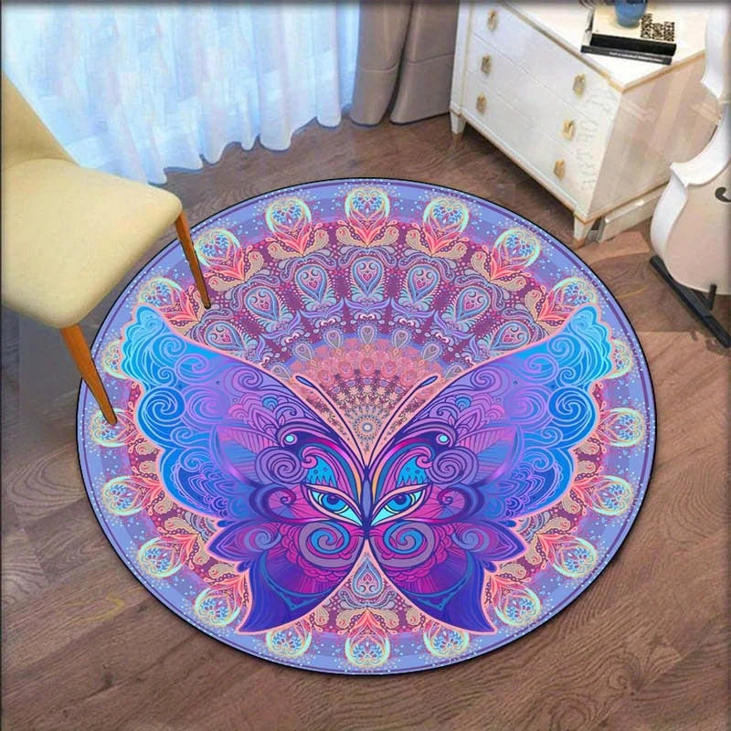 Butterfly Mandala Round Rug – Colorful Boho Psychedelic Accent Mat for Living Room, Bedroom & Yoga