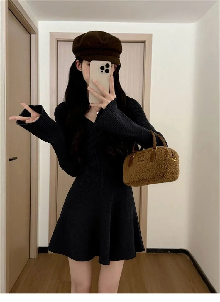 French V-Neck Ribbed Knit A-Line Mini Dress - Long Sleeve Autumn Winter Waist-Defining
