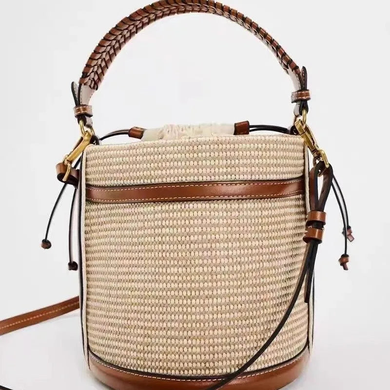 Small Woven Drawstring Bucket Bag for Women - Retro Stitching Shoulder & Crossbody Bag
