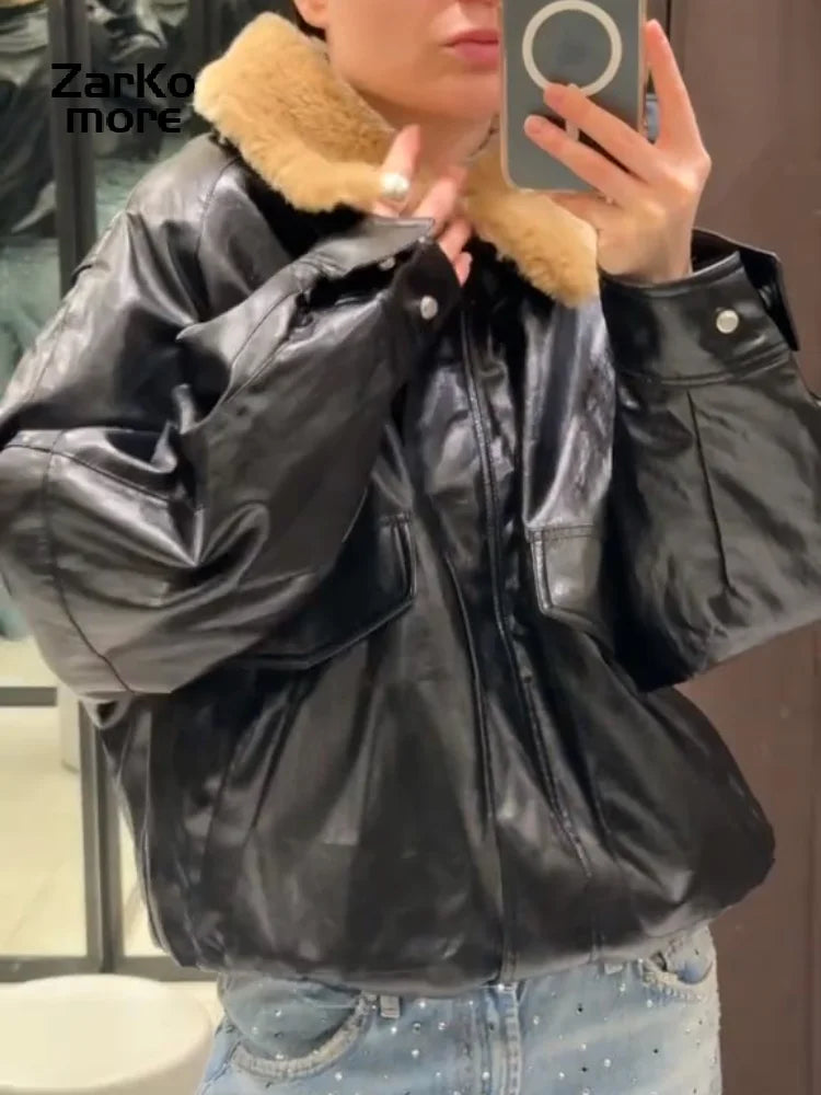 Women's Faux Fur Collar Padded Leather Jacket with Zipper Pockets - Warm Winter Coat