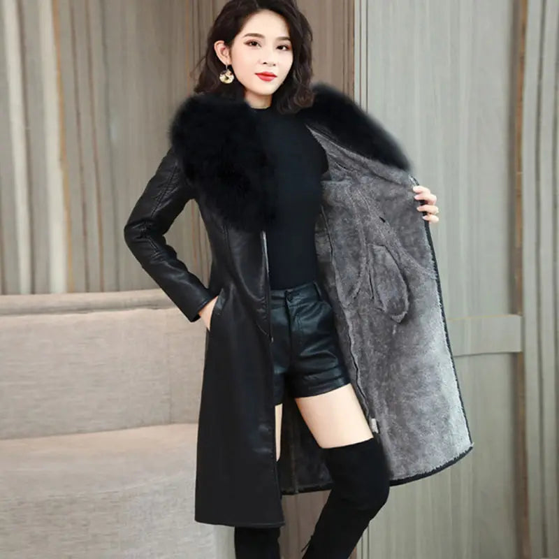 PU Leather Mid-Length Women's Winter Coat with Detachable Fur Collar Adjustable Waist Slim Casual Jacket