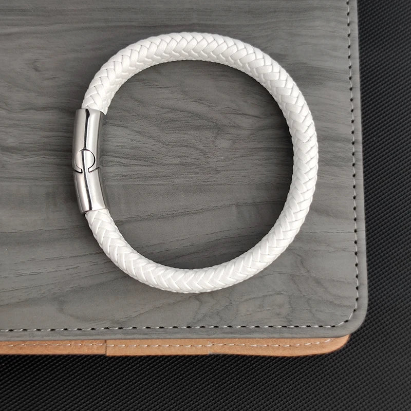 Men's White Braided Leather Bracelet with 316L Stainless Steel Double-Safety Magnetic Clasp — Sizes 18.5/20.5/22 cm (7.3/8.1/8.7 in)