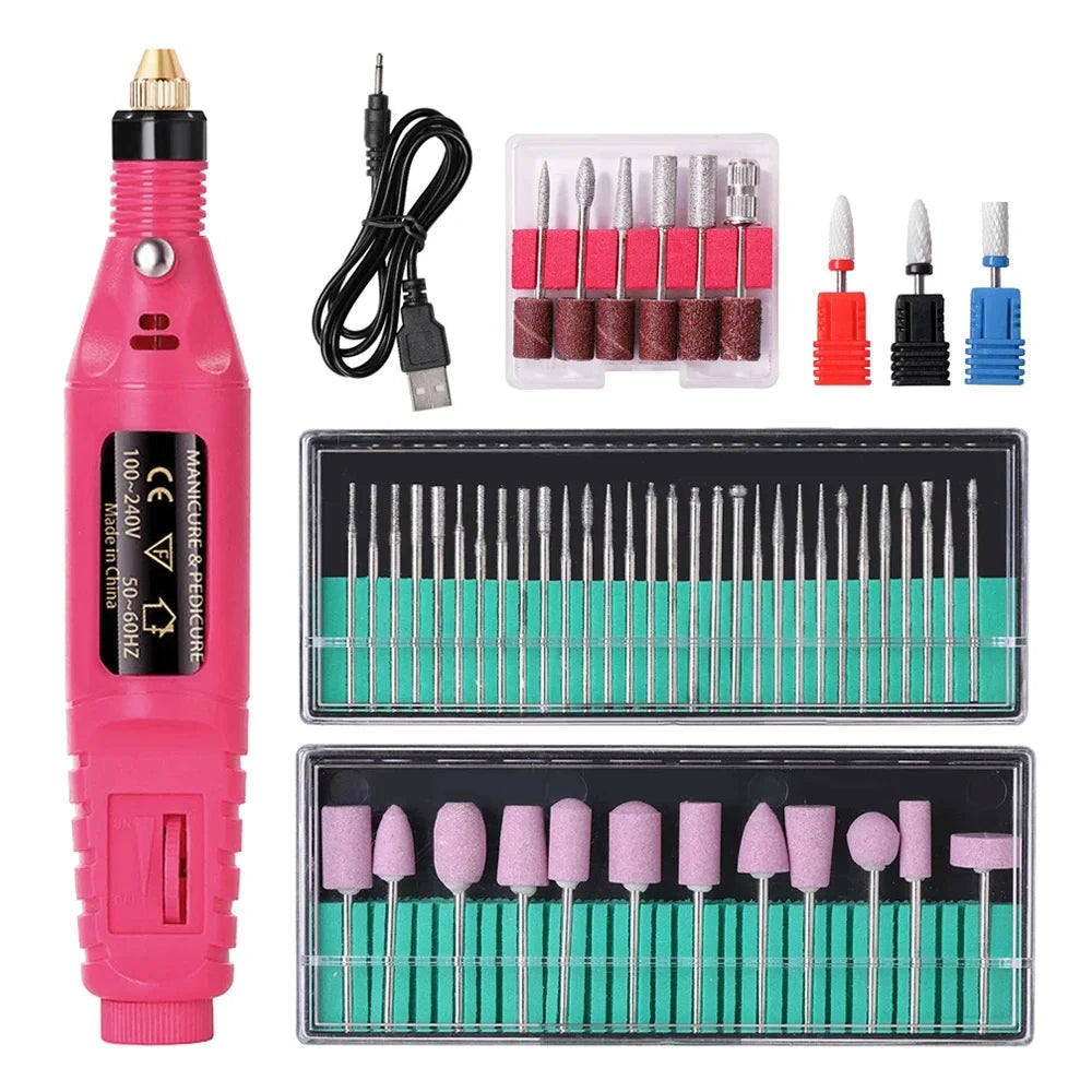 Portable USB Electric Nail Drill Machine – 6-Color Nail Polisher & Sander for Manicure Pedicure, 20,000 RPM, Includes 6 Drill Bits & Sanding Bands