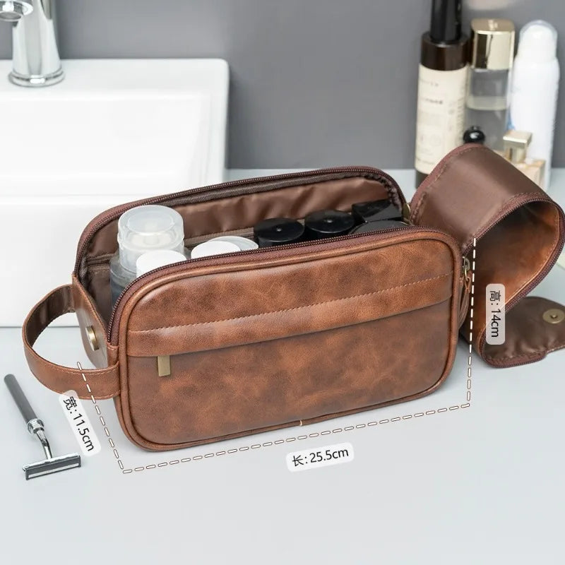 Men's PU Leather Toiletry Bag - Waterproof Travel Dopp Kit with Zipper, Portable Business Clutch