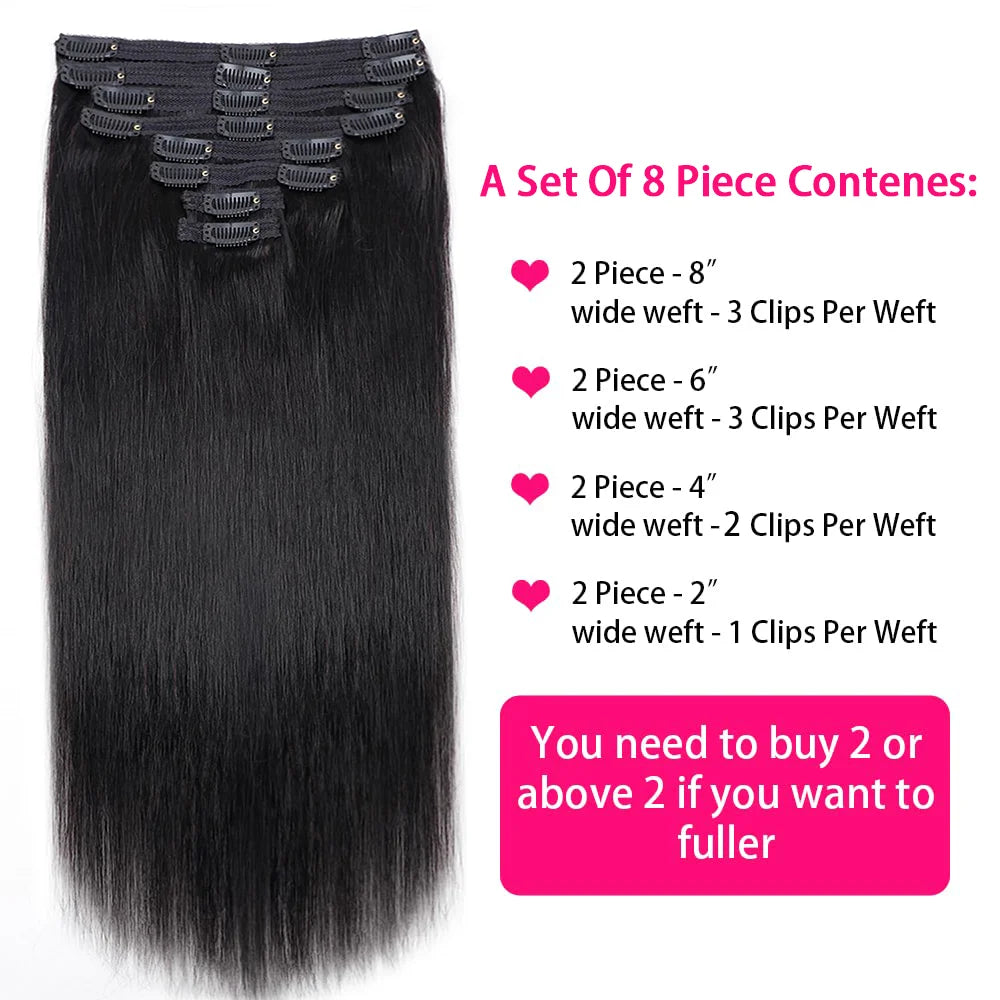 Seamless Clip-In Human Hair Extensions 8-Piece 120g Brazilian Remy Straight 16-26 in (41-66 cm)