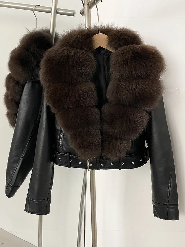 ZMEENNA Women's Faux Leather Moto Jacket with Detachable Faux Fur Collar - Short Warm Winter Coat