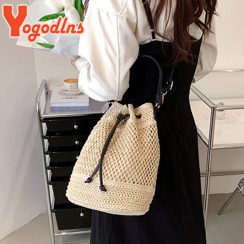 Braided Straw Bucket Bag for Women - Drawstring Shoulder & Crossbody Beach Travel Woven Handbag