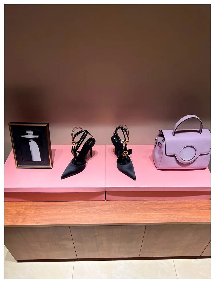 Bow Tie Pointed Toe Thin Heel Sandals for Women, Roman Straight Strap, 2.0-3.1 in (5-8 cm) Heel