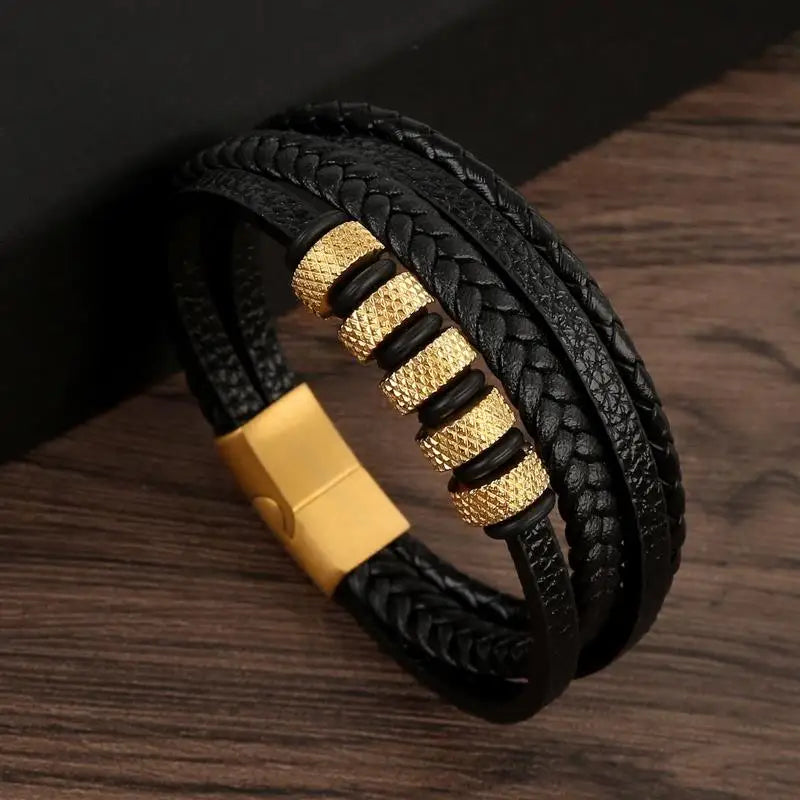 Men's Multi-Layer Woven Leather Bracelet with Alloy Magnetic Buckle - Punk Style, 19/21/23 cm (7.5/8.3/9.1 in)