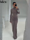 Women's Shirred High-Collar Ankle-Length Maxi Dress — Long Sleeve Body-Shaping Sheath