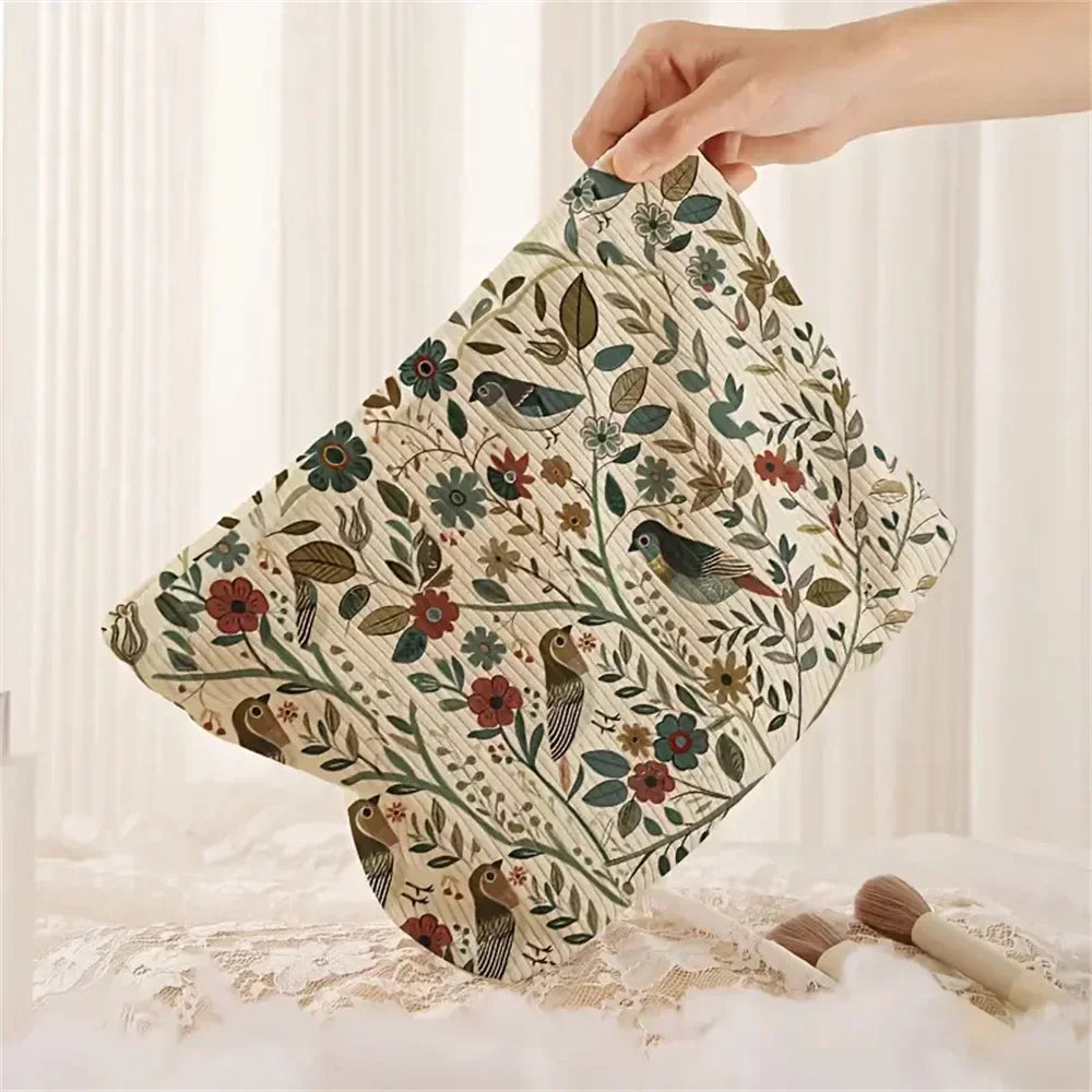 Corduroy Women's Makeup Bag – Branch Bird Floral Cosmetic Pouch for Travel & Commuting, 26×18×5 cm (10.2×7.1×2.0 in)