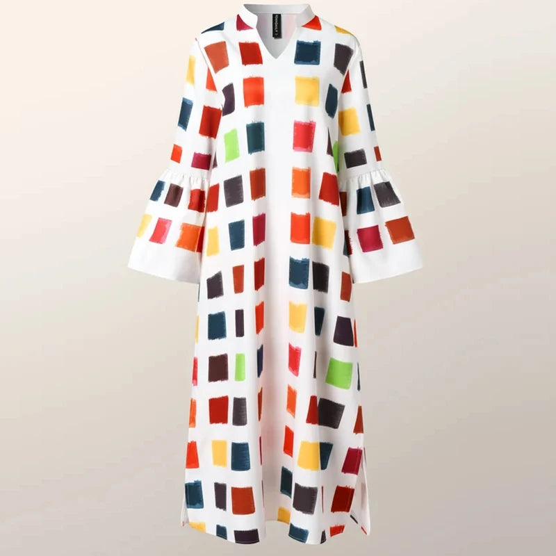 Printed V-Neck Long Sleeve Maxi Shirt Dress - Casual Street Style Women's Ankle-Length Loose Dress