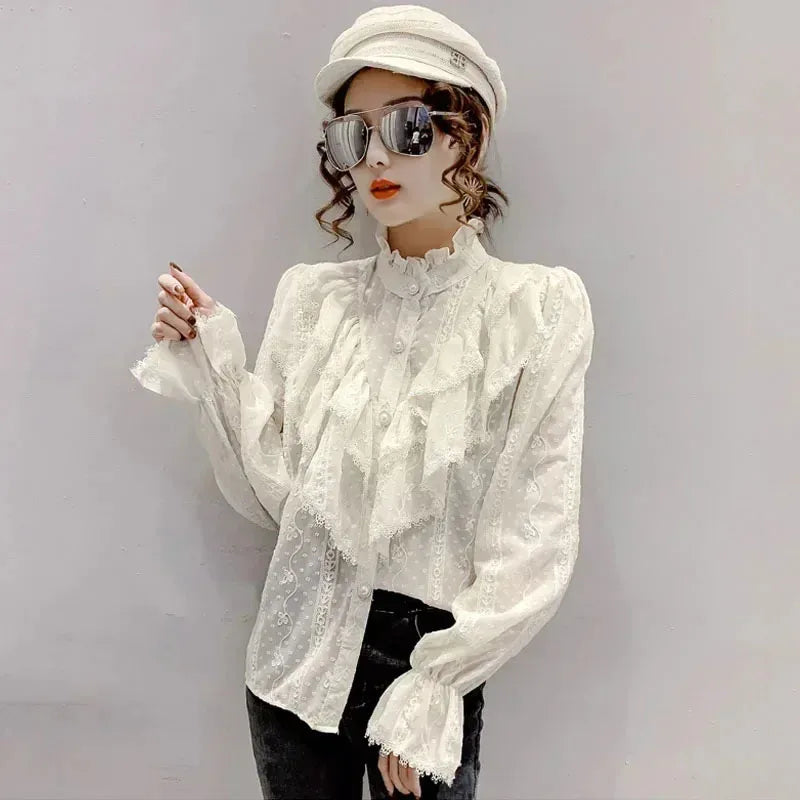 Women's Long Sleeve Loose Ruffle Lace Blouse – Button Stand Collar Pleated Casual Top (White/Apricot)