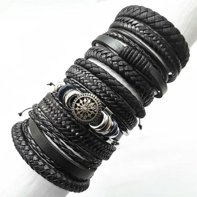 10-Pack Adjustable Black Woven Wrap Leather Bracelets – Handmade Unisex Rope Chain Lace-Up