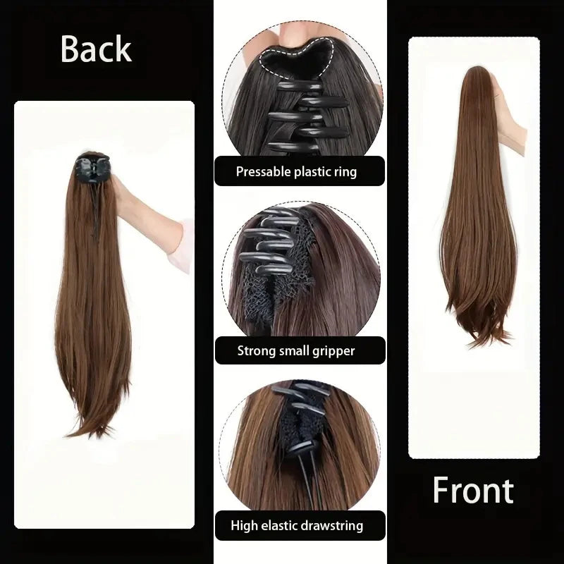 Clip-In Long Straight Ponytail Extension - 120g Synthetic High-Heat Fiber Claw Clip