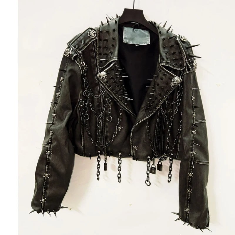 Women's Vintage Gothic Faux Leather Skull Jacket - Harajuku Y2K Punk Biker Coat with Rivets & Chains