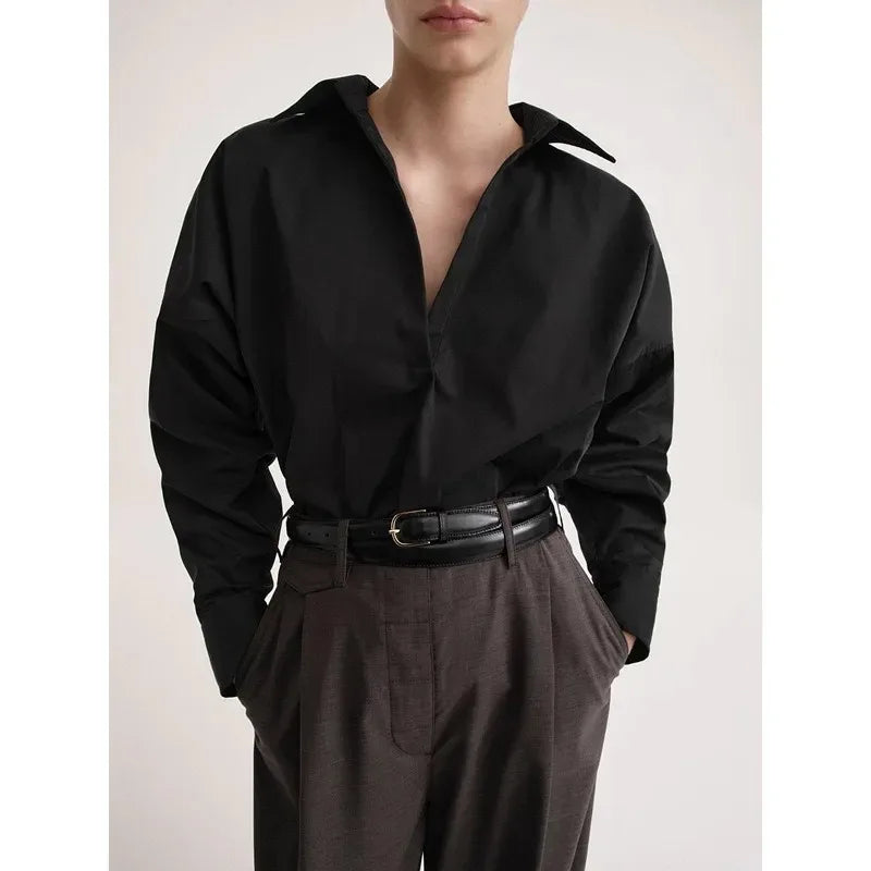 Women's Vertical Striped Shirt - Loose Long-Sleeve Button-Up Blouse with Asymmetric Hem, Office Commuter Style