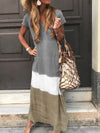 Women's Casual Color-Block V-Neck Ankle-Length Maxi Dress — Loose Short Sleeve A-Line Summer Dress