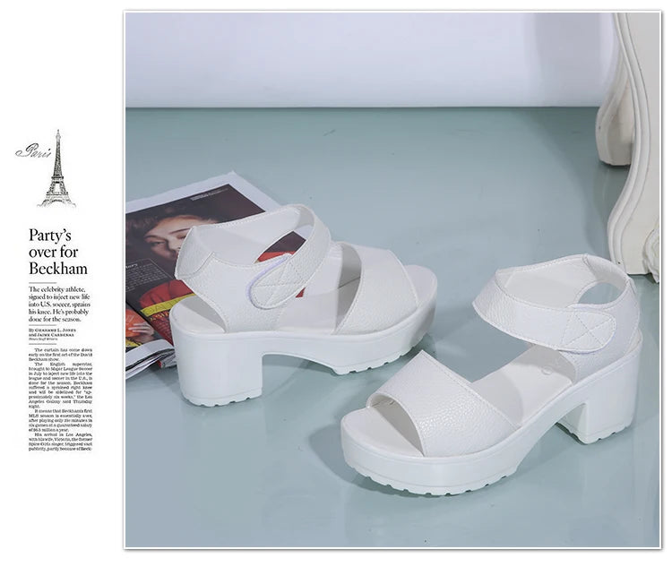 White Chunky Heel Wedge Sandals for Women — Peep Toe Ankle Strap Roman Gladiator Heels