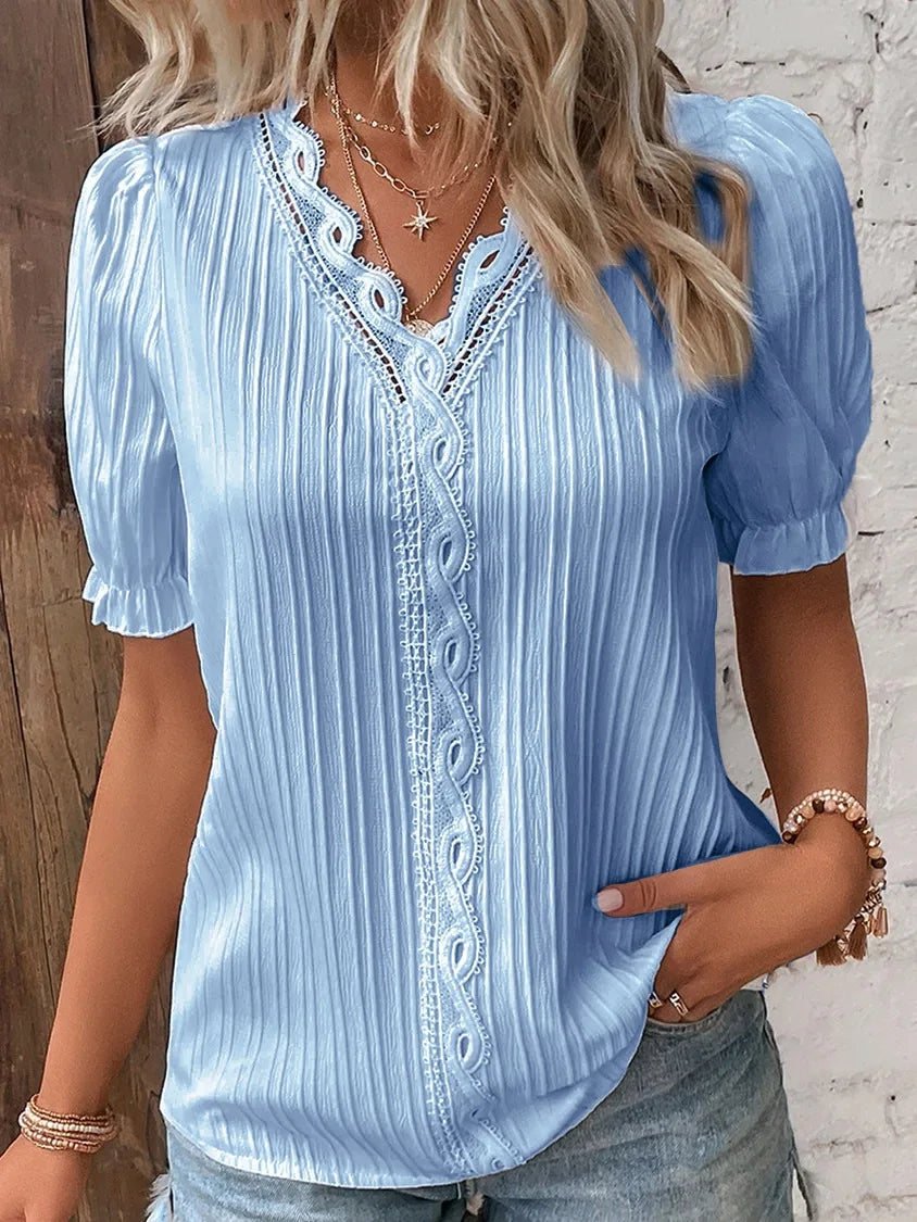 Women's Summer V-Neck Hollow Short Sleeve Top - Chiffon Splice Loose Plus Size Blouse