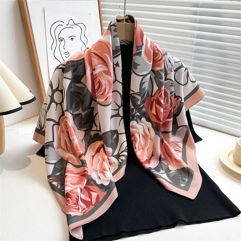 90 x 90 cm (35 x 35 in) Twill Silk-Feel Square Scarf – Women’s Luxury Tree Print Head Scarf, Shawl, Hijab, Bandana