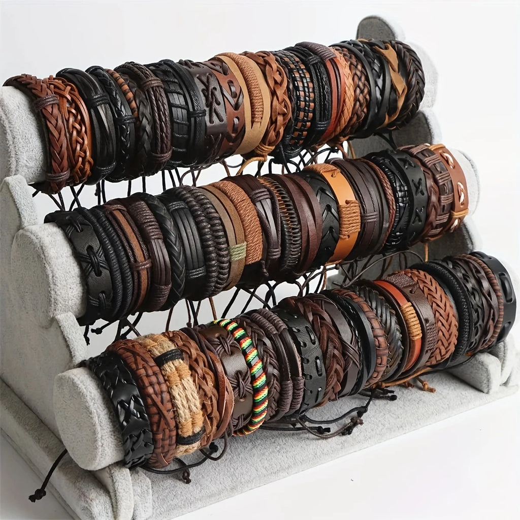 20-Pack Unisex Leather, Rope & Webbing Bracelets – Mixed Vintage Braided Gift Set