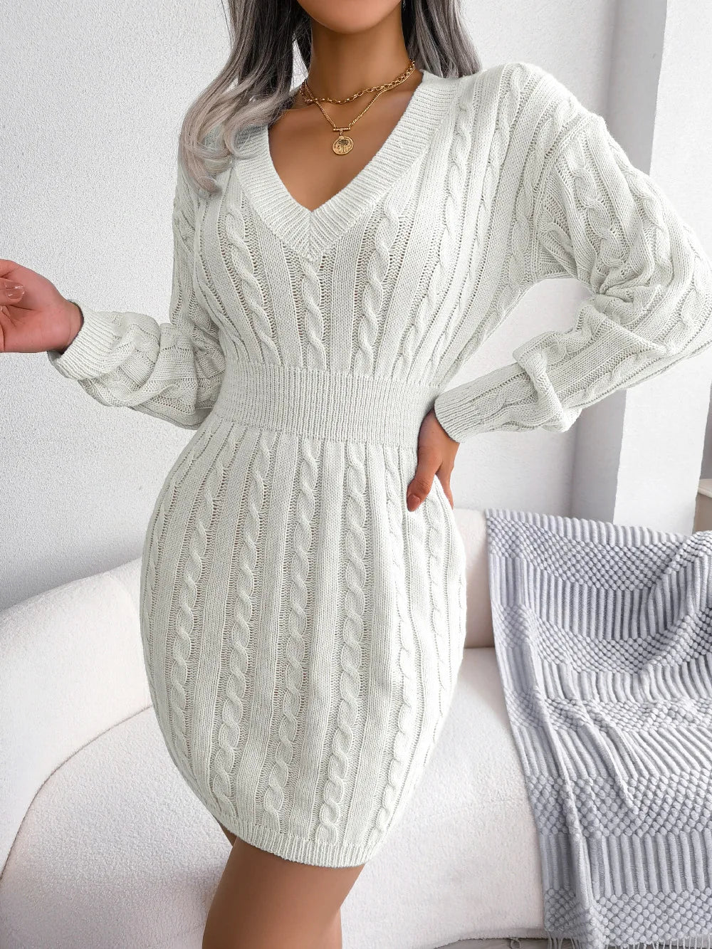 VigoCasey V-Neck Long Sleeve Knit Dress – Women's Autumn/Winter Solid Bodycon A-Line Ankle-Length