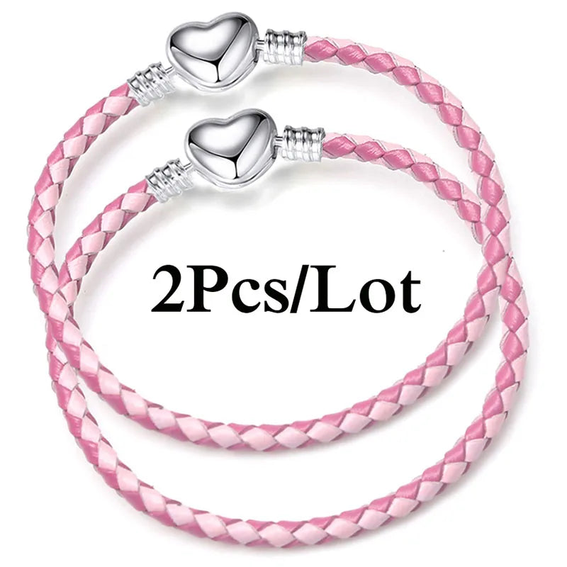2-Pack Leather Chain Charm Bracelets with Beads – Handmade Couples Pulsera Jewelry (Unisex)