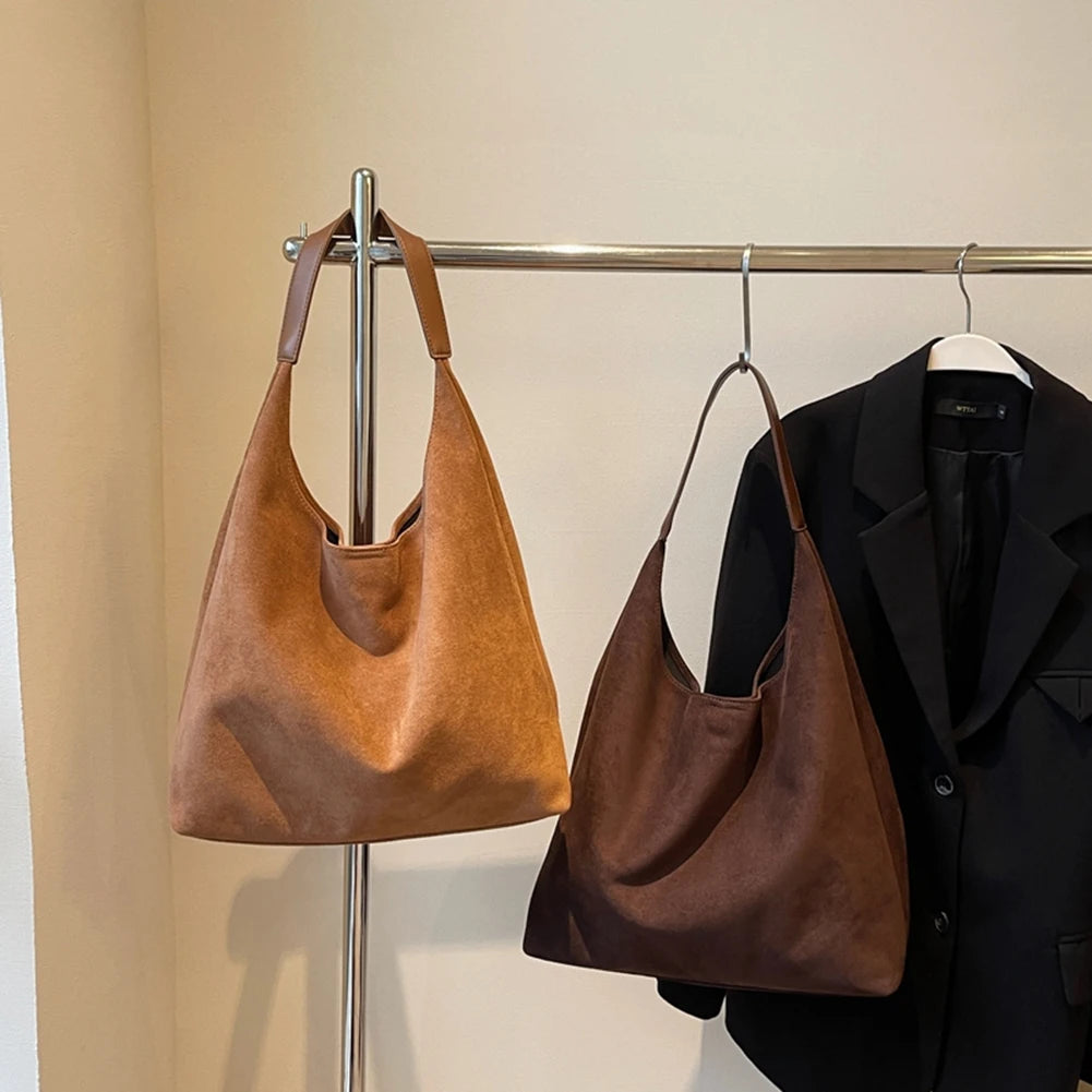 Faux Suede Bucket Bag Large Shoulder Hobo Tote with Inner Pocket for Work and Travel