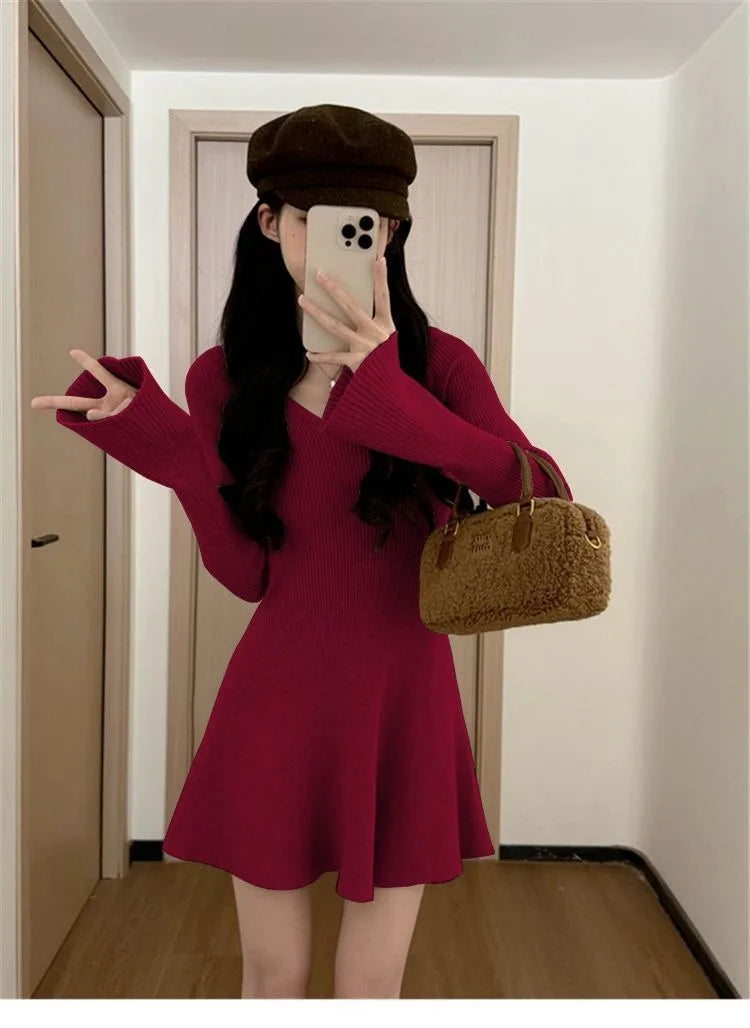 French V-Neck Ribbed Knit A-Line Mini Dress - Long Sleeve Autumn Winter Waist-Defining