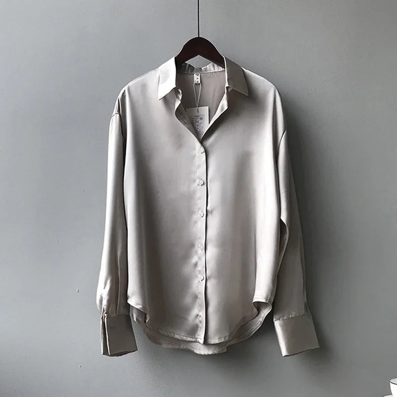 Elegant Satin Women's Button-Up Blouse Turn-Down Collar Vintage Casual Silk-Look Top