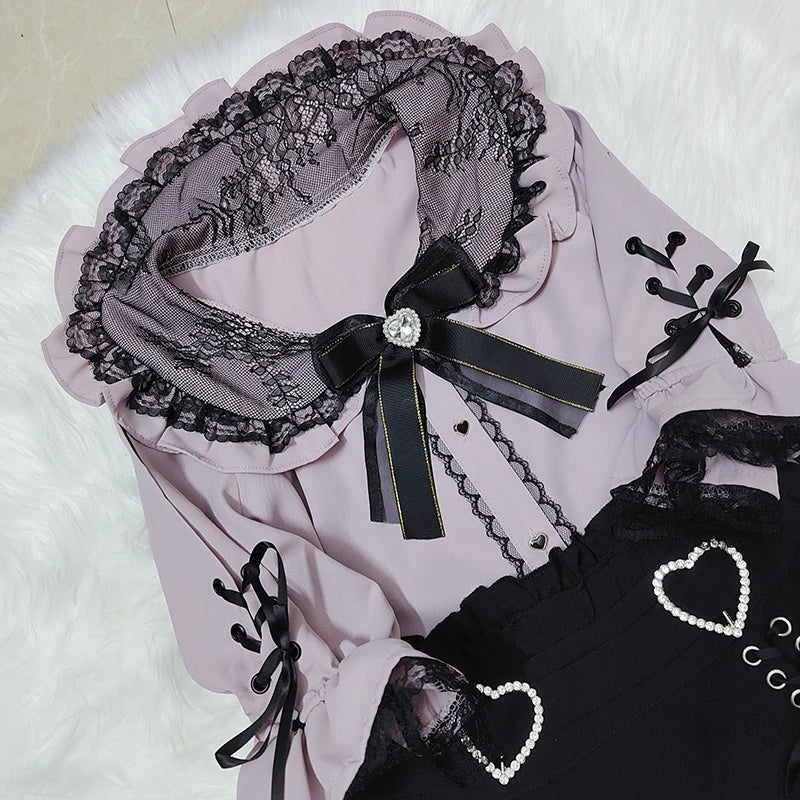 Kawaii Jirai Kei Lolita Y2K Japanese Style Peter Pan Collar Blouse Long Sleeve Sweet Bow Casual Aesthetic Top