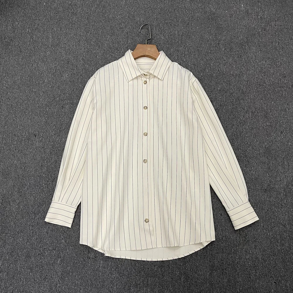 Women's Vertical Striped Shirt - Loose Long-Sleeve Button-Up Blouse with Asymmetric Hem, Office Commuter Style