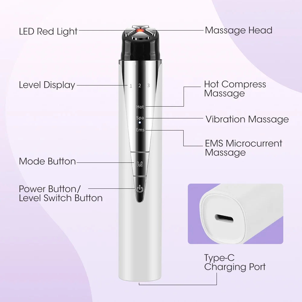 3-in-1 Red Light Eye Massager — Microcurrent EMS, Heating & Vibration Eye Lift Wand for Dark Circles & Puffiness