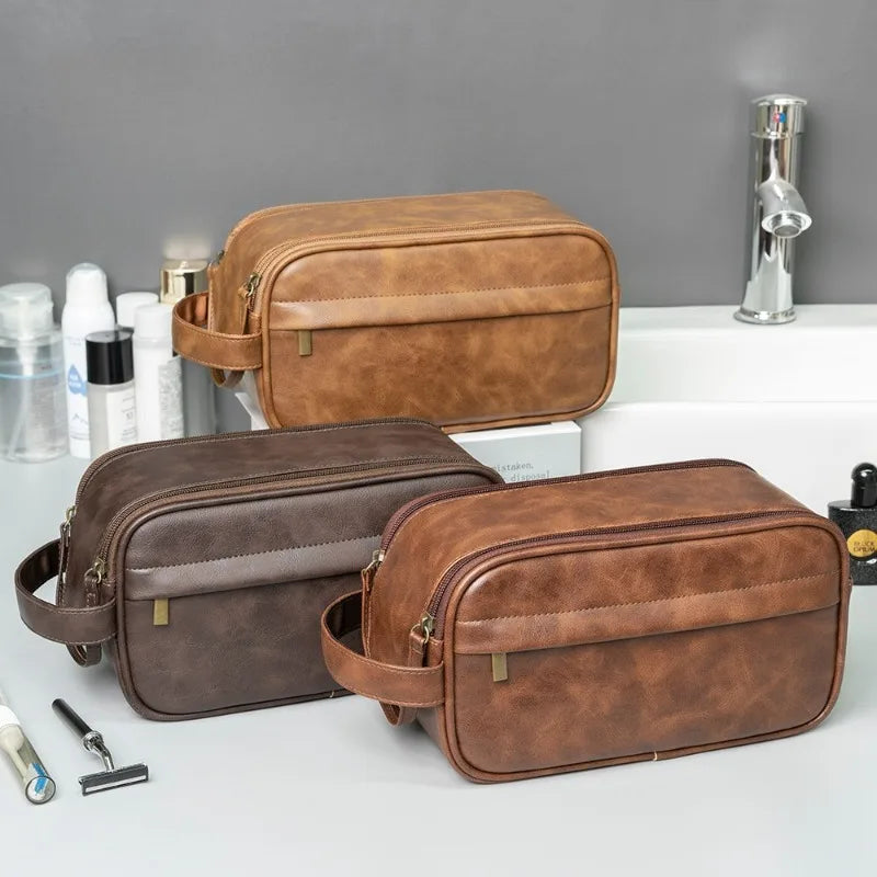 Men's PU Leather Toiletry Bag - Waterproof Travel Dopp Kit with Zipper, Portable Business Clutch