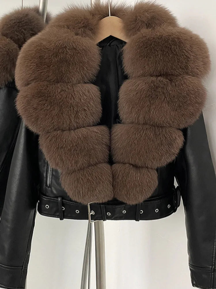 ZMEENNA Women's Faux Leather Moto Jacket with Detachable Faux Fur Collar - Short Warm Winter Coat