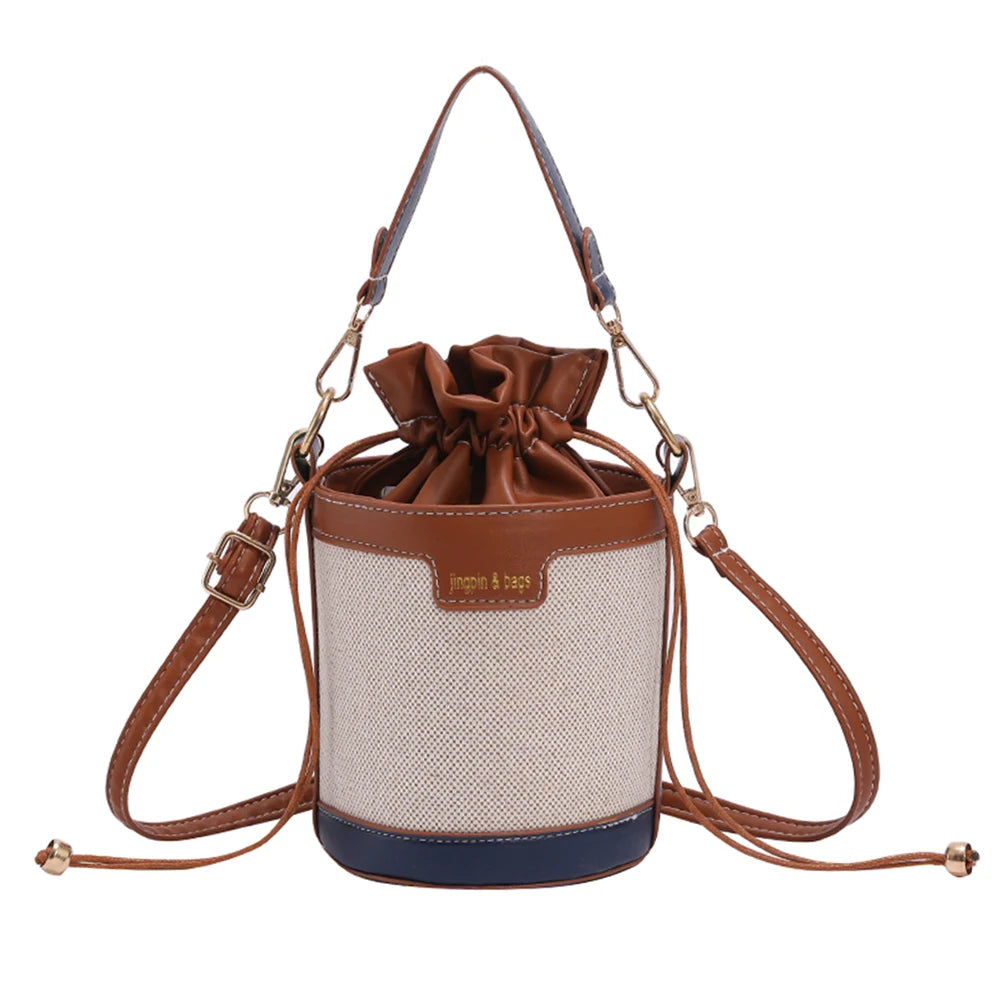 Vintage Patchwork Cylinder Drawstring Bucket Bag - PU Leather Mini Crossbody Shoulder Bag for Women