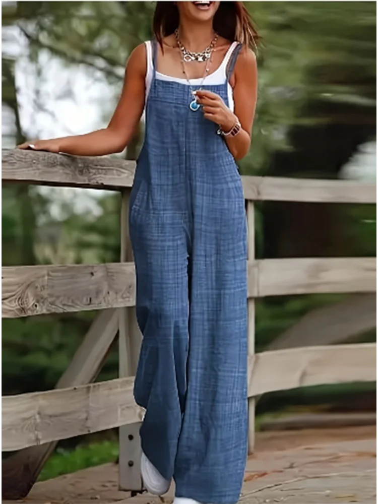 Women's Sleeveless Suspender Jumpsuit — Loose Casual Monochrome Summer Jumpsuit with Pockets