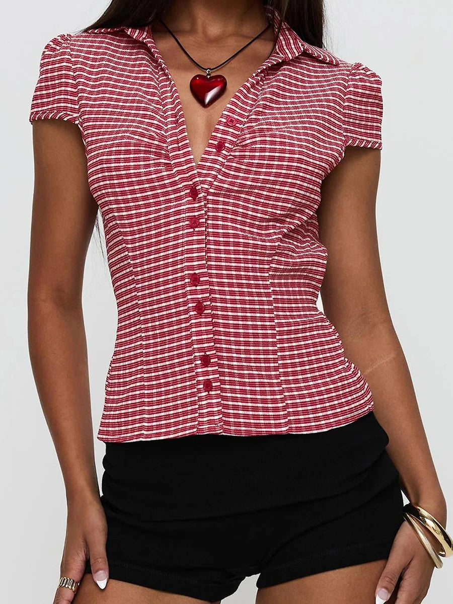 Women's Plaid Short Sleeve Button-Down Shirt Lapel Collar Casual Blouse