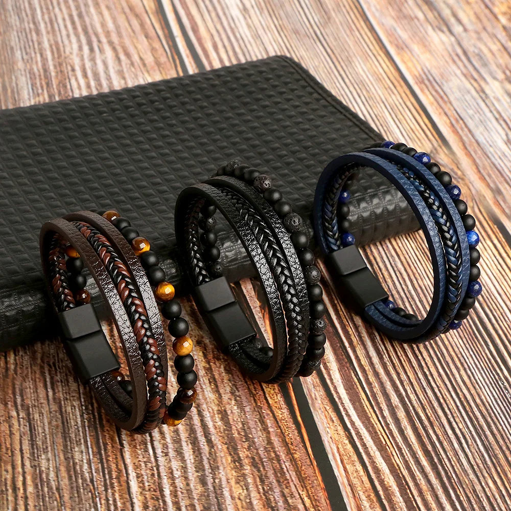 Classic Tiger Eye Beaded Multi-Layer Leather Bracelet for Men — Magnetic Clasp, Punk Style (19/21/23 cm | 7.5/8.3/9.1 in)