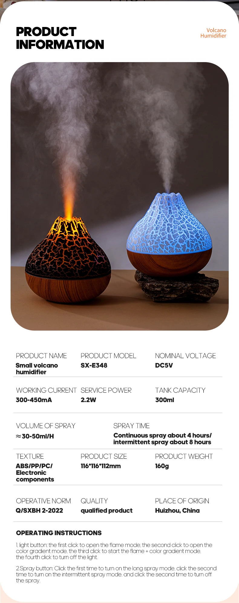 300ml USB Ultrasonic Volcano Air Humidifier Desktop Diffuser with 7-Color Night Light