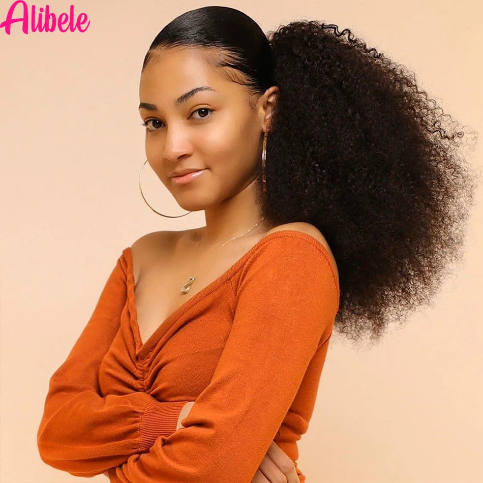 Afro Kinky Curly Drawstring Wrap-Around Ponytail Human Hair Extensions — Mongolian Remy 4B/4C, 10–28 in (25–71 cm), Clip-In