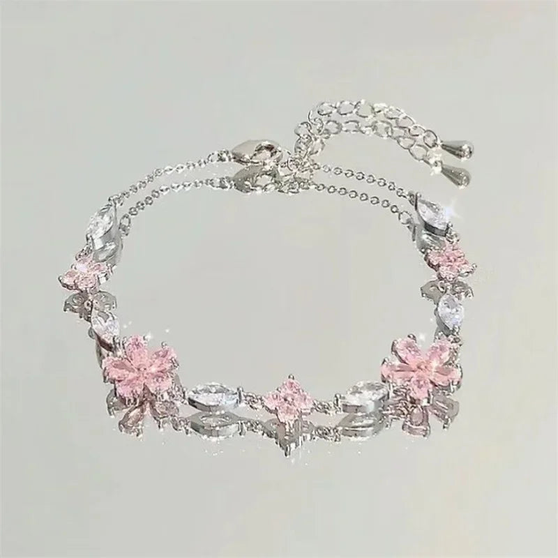 Pink Cherry Blossom Crystal Bracelet for Women & Girls – Bowknot Zircon Dainty Link Chain
